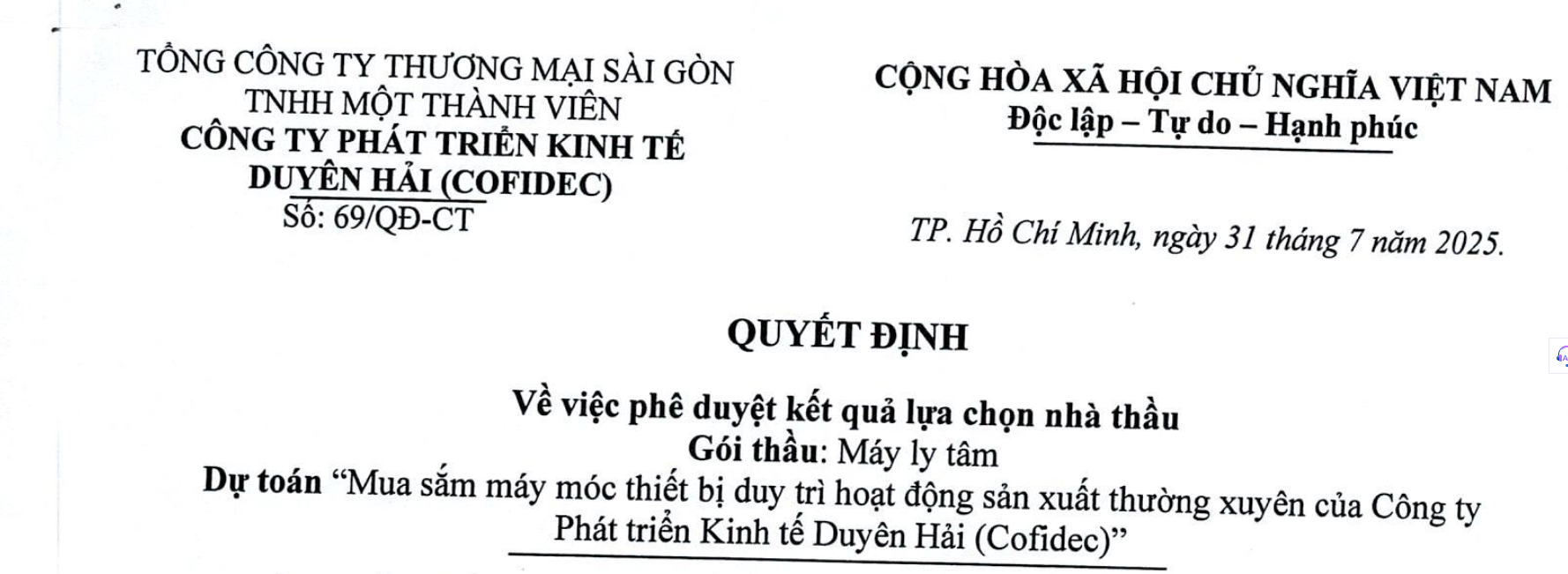 Quyết định về việc phê duyệt kết quả lựa chọn nhà thầu gói thầu "Trang bị phần mềm kế toán, quản lý tài sản và báo cáo tài chính hợp nhất" - Satra