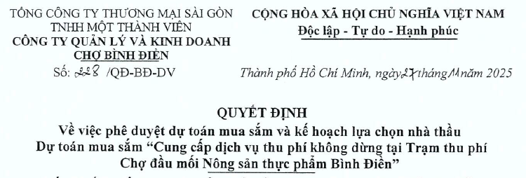 Quyết định về việc phê duyệt kết quả lựa chọn nhà thầu. Gói thầu: thi công sửa chữa Khu sơ chế cá tại Chợ đầu mối Nông sản thực phẩm Bình Điền. - Satra